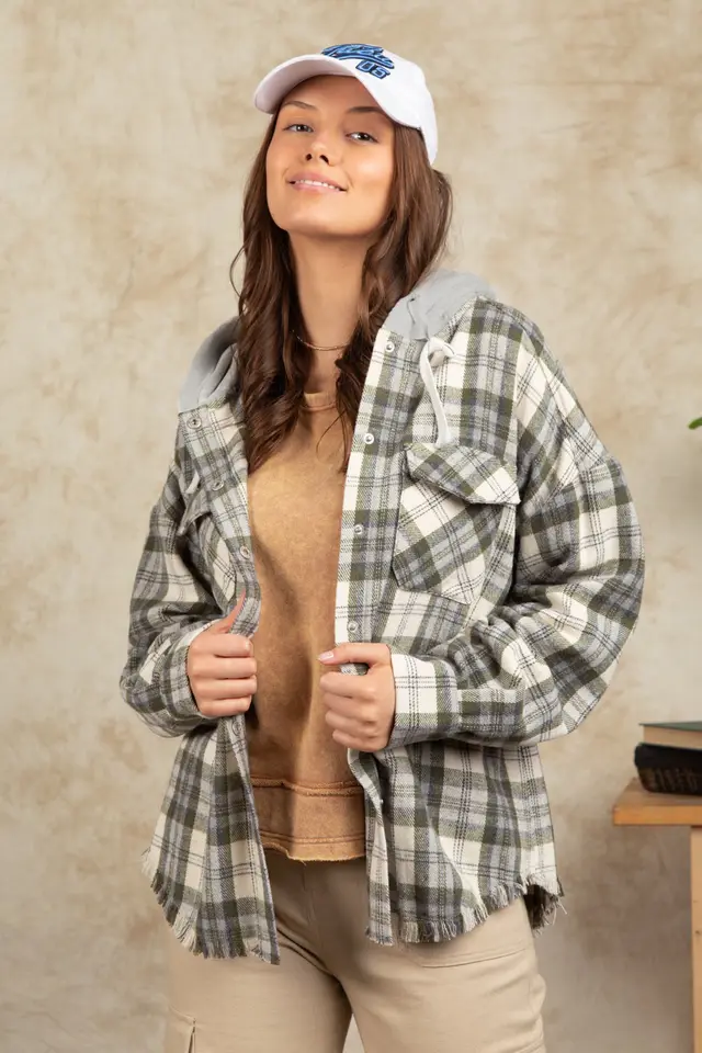 Fashion Hooded Large Pocket Plaid Shirt Coat Green - Shop at LoveMi