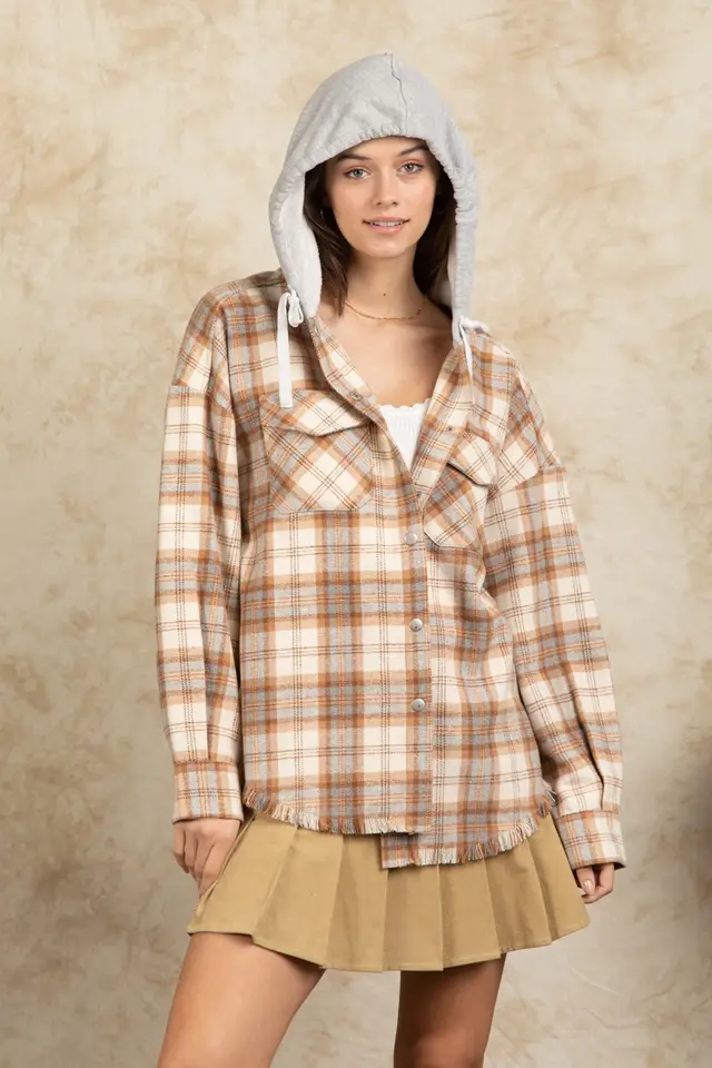 Fashion Hooded Large Pocket Plaid Shirt Coat Khaki - Shop at LoveMi
