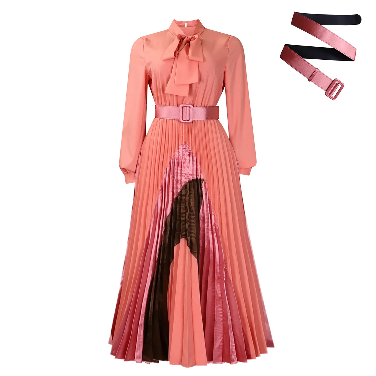 Long Sleeve Color Matching Elegant Dress - Orange Pink Belt - View 1