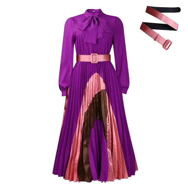 Long Sleeve Color Matching Elegant Dress Purple Belt - Shop at LoveMi