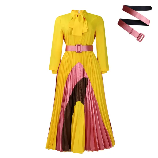 Long Sleeve Color Matching Elegant Dress Yellow Belt - Shop at LoveMi