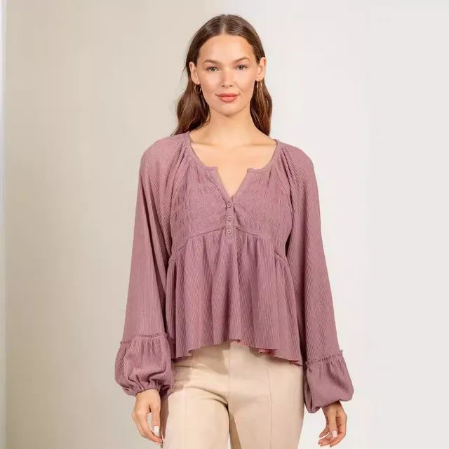 Women's Fashionable Pleated Sunken Stripe Knitted Bottoming Shirt Purple Pink - Shop at LoveMi