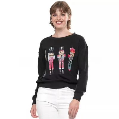 Christmas Element Round Neck Pullover Embroidery Sequined Sweater Black - Shop at LoveMi