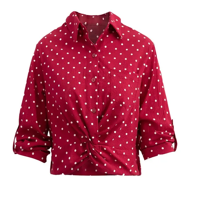 Women's Single breasted Lapel Chiffon Slim Fit Long Sleeve Polka Dot Shirt Wine Red - Shop at LoveMi