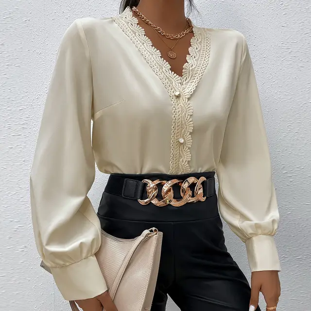 Simple Elegant Eyelash Lace Stitching V neck Shirt For Women Apricot - Shop at LoveMi