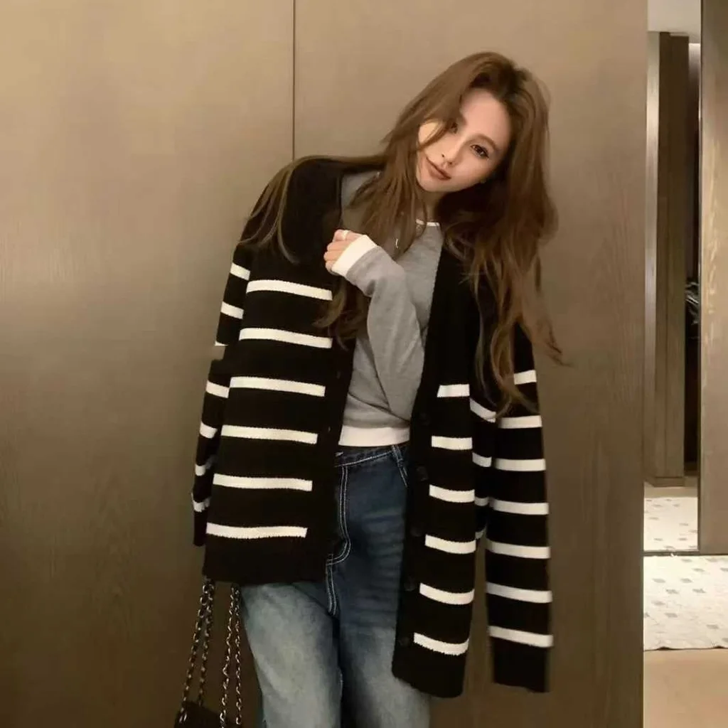 Striped Knitted Cardigan Women's Loose - Black