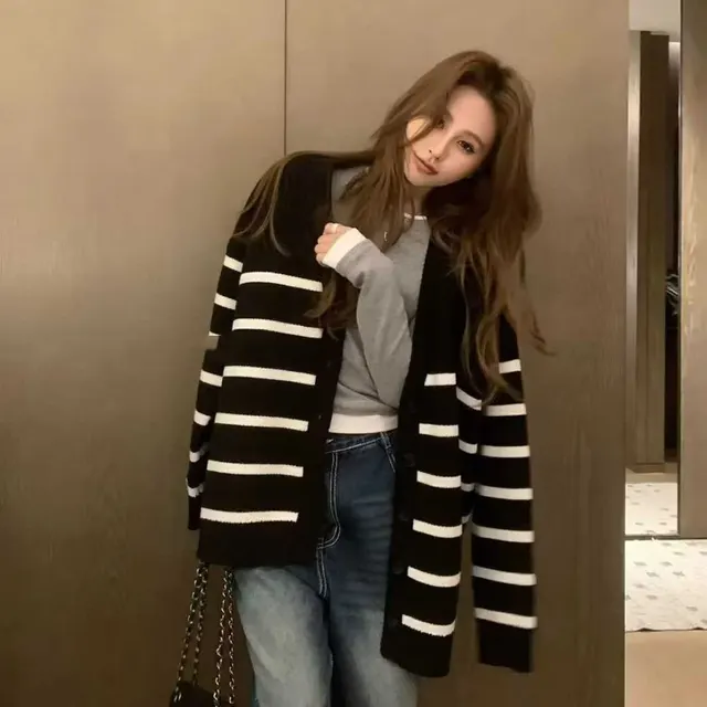 Striped Knitted Cardigan Women's Loose Black - Shop at LoveMi