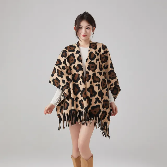 Thick Warm Vintage Leopard Print Tassel Shawl Light Camel Leopard Print - Shop at LoveMi