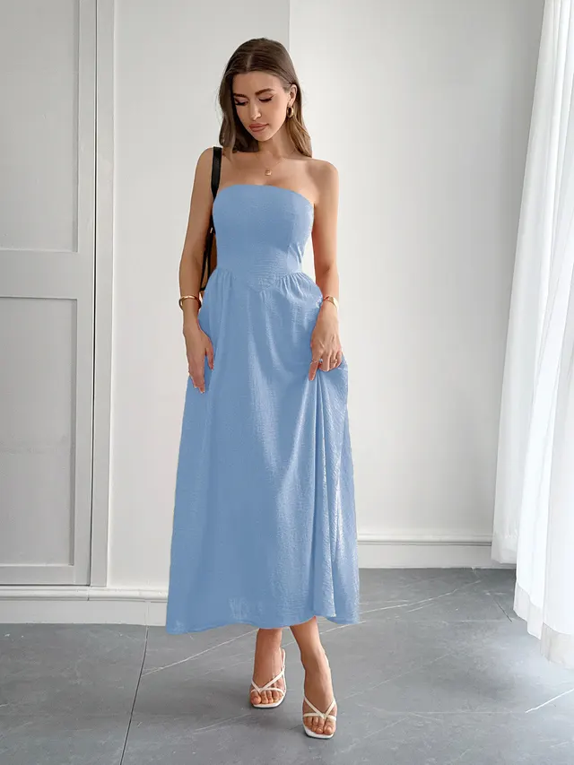 Women's High Waist Tube Top Dress Blue - Shop at LoveMi