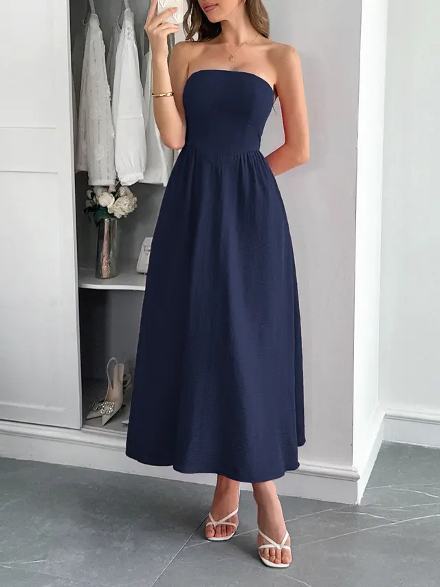 Women's High Waist Tube Top Dress Dark Blue - Shop at LoveMi