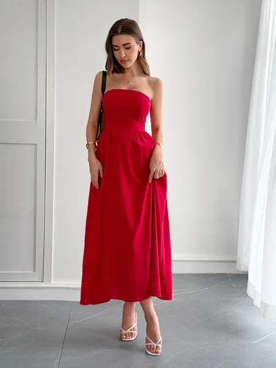 Women's High Waist Tube Top Dress Red - Shop at LoveMi
