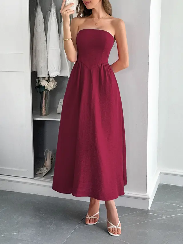 Women's High Waist Tube Top Dress Wine Red - Shop at LoveMi