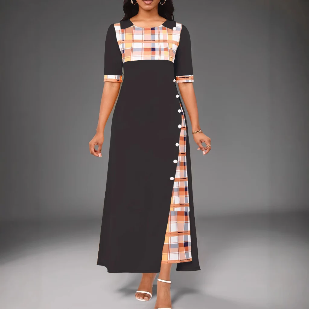Round Neck Contrast Medium Sleeve Long Dress - Black