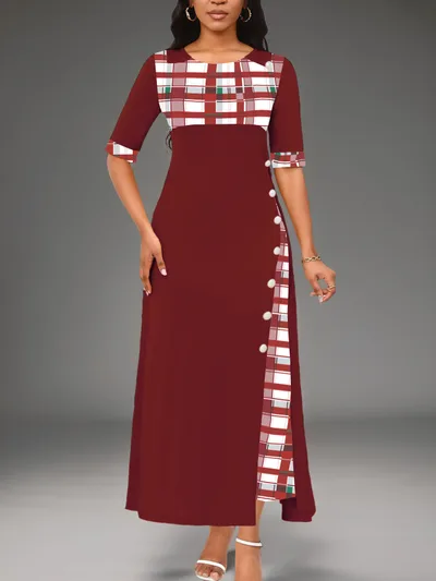 Round Neck Contrast Medium Sleeve Long Dress Wine Red - Shop at LoveMi