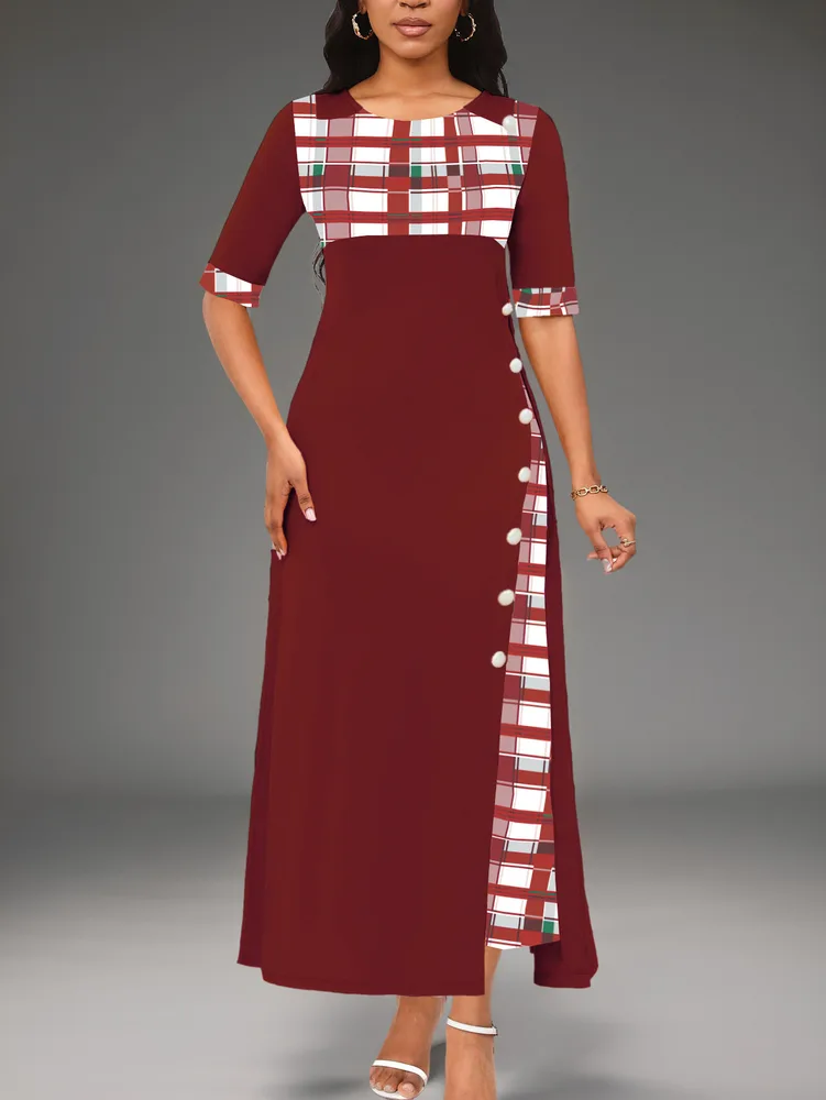 Round Neck Contrast Medium Sleeve Long Dress Wine Red - Shop at LoveMi