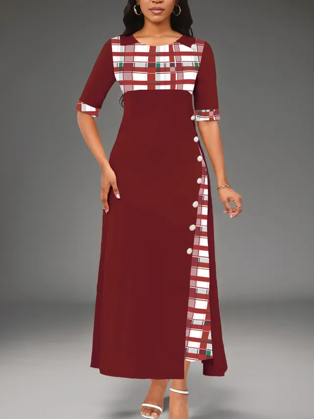 Round Neck Contrast Medium Sleeve Long Dress Wine Red - Shop at LoveMi