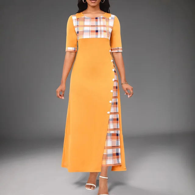 Round Neck Contrast Medium Sleeve Long Dress Yellow - Shop at LoveMi
