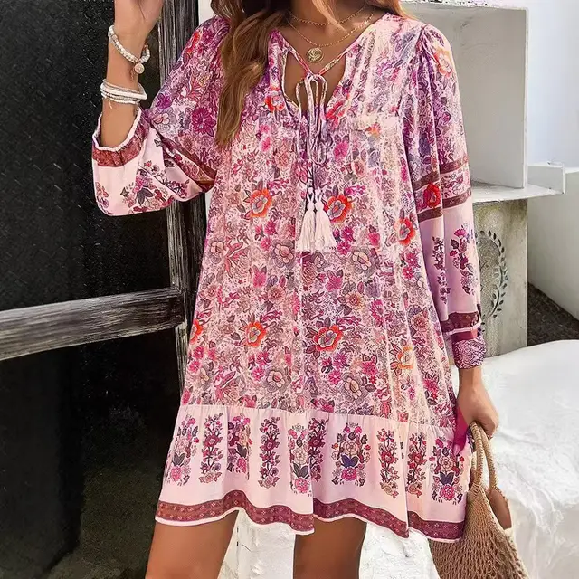 Spring And Summer Leisure Bohemian Holiday V neck Dress For Women Pink - Shop at LoveMi