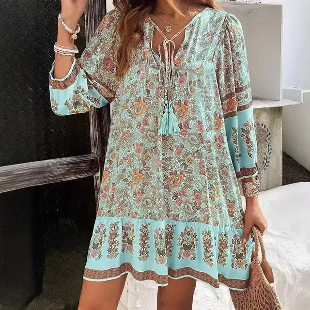 Spring And Summer Leisure Bohemian Holiday V neck Dress For Women Sky Blue - Shop at LoveMi