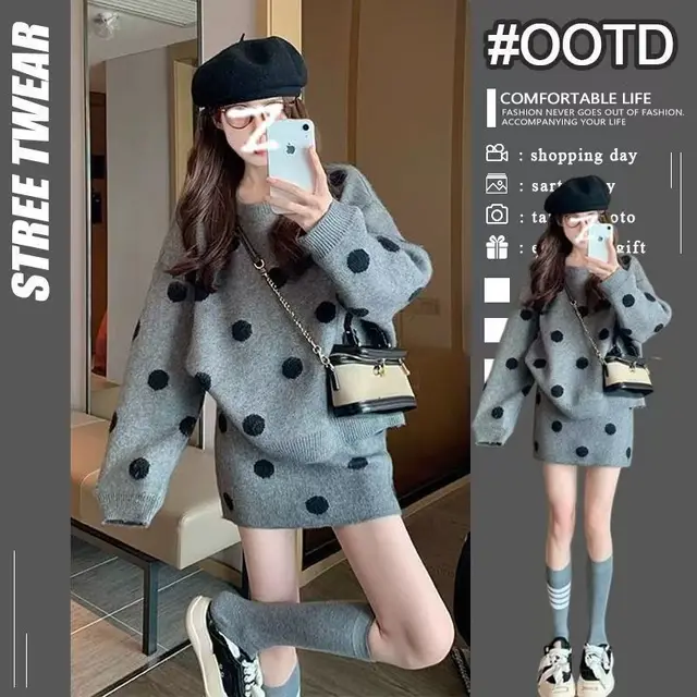 Fashion Casual Loose Knitted Top Sweater Dress Two piece Set Gray Grey - Shop at LoveMi