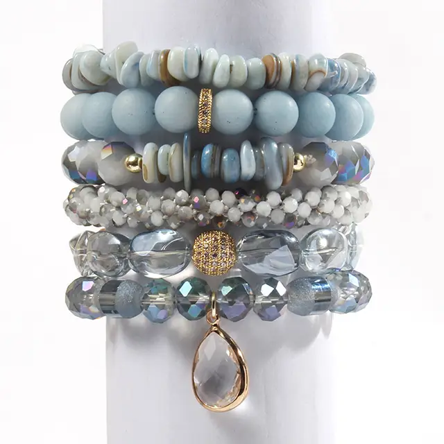 Women's Glass Beaded Stretch Stack Bracelet Set Light Blue - Shop at LoveMi