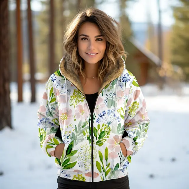 Digital Printing Autumn And Winter Women's Hooded Zipped Cotton padded Jacket Coat Style 2 - Shop at LoveMi