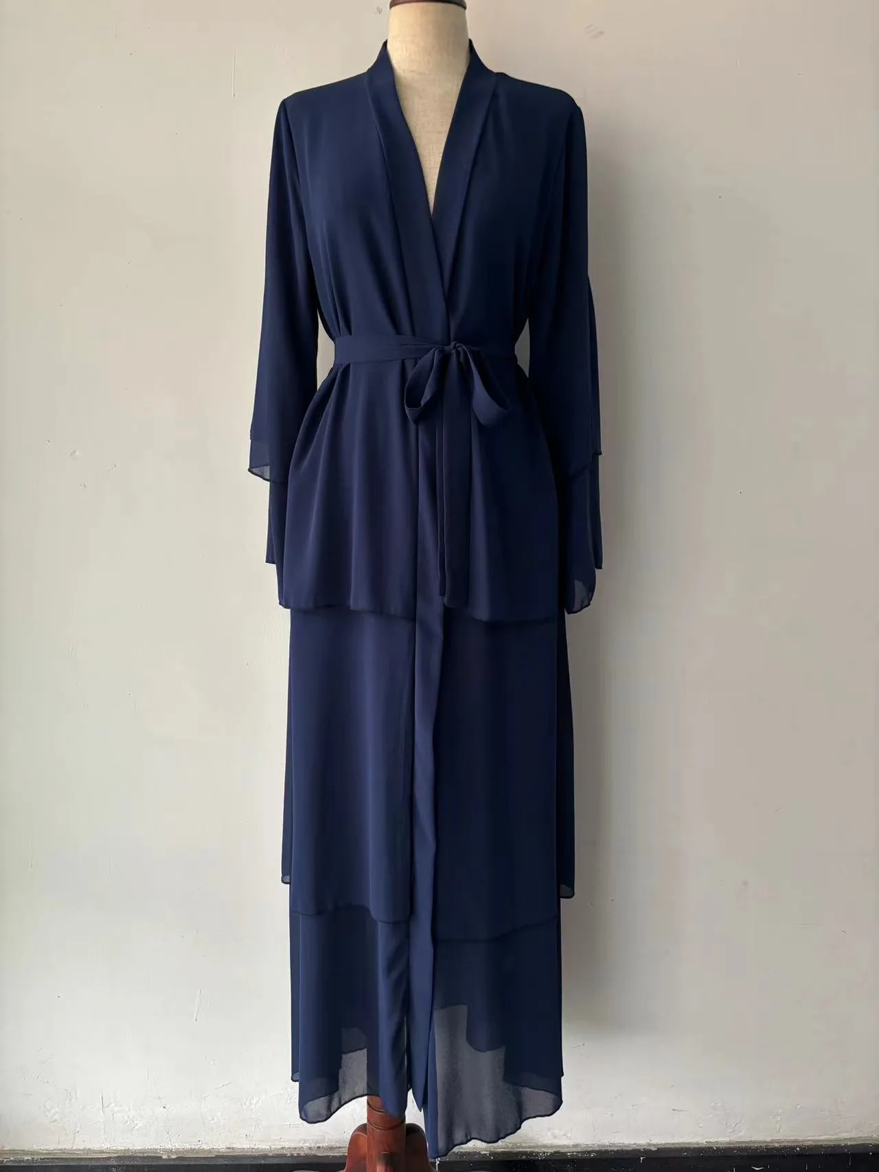 Stitching Three-layer Chiffon Elegant Cardigan Dress - Dark Blue