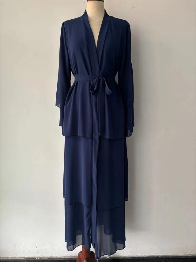 Stitching Three layer Chiffon Elegant Cardigan Dress Dark Blue - Shop at LoveMi