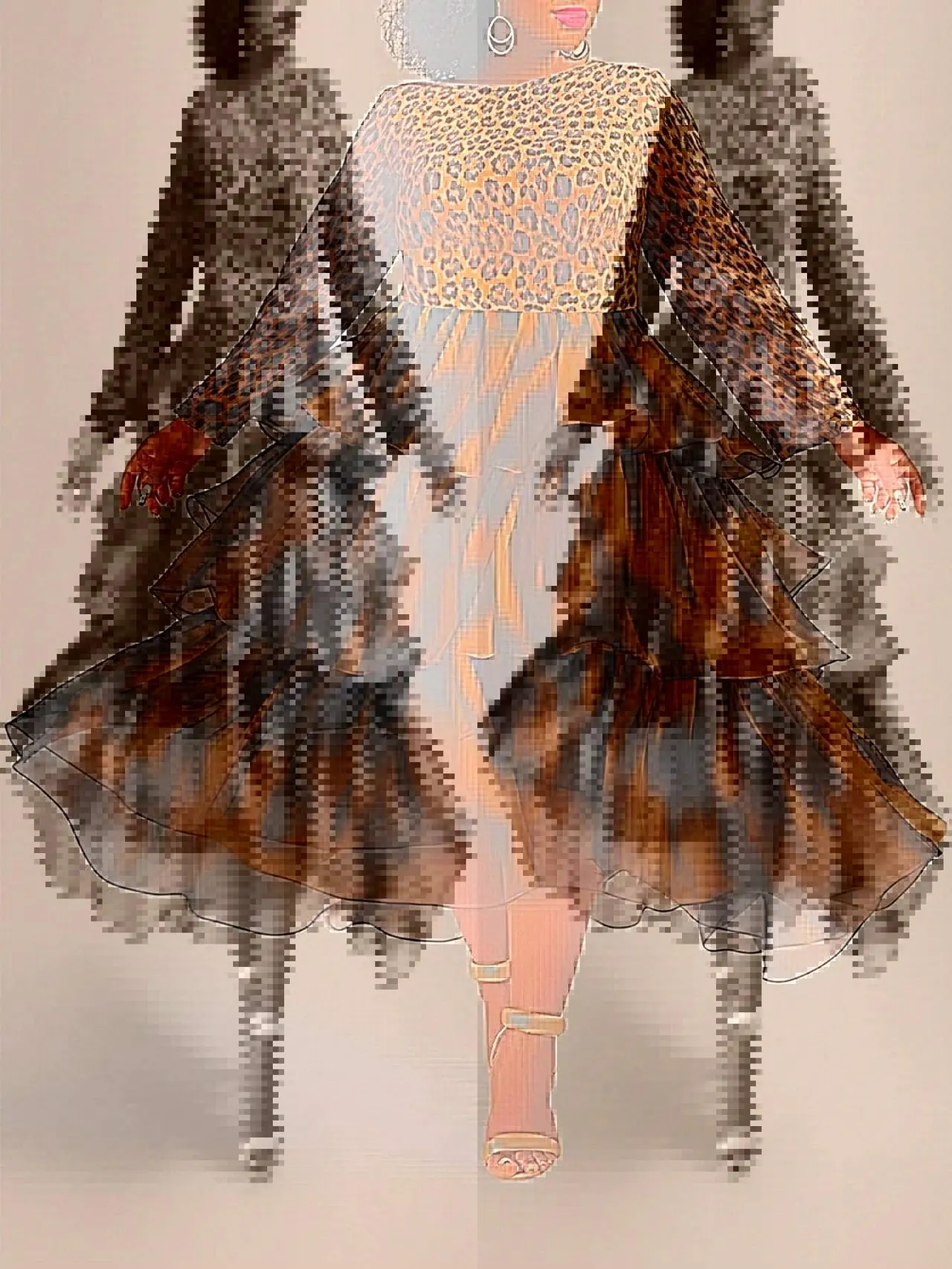 Elegant Leopard Print Cake Dress Plus Size Long Sleeve - Leopard Print