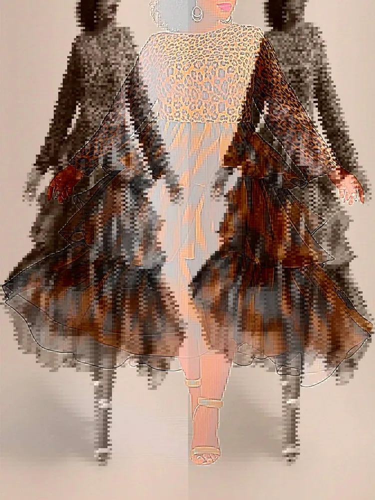 Elegant Leopard Print Cake Dress Plus Size Long Sleeve - Leopard Print