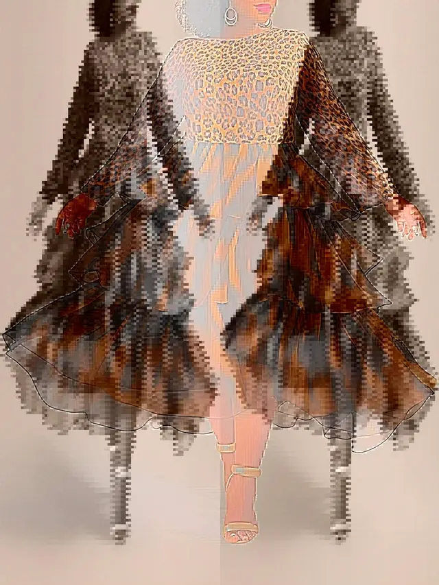 Elegant Leopard Print Cake Dress Plus Size Long Sleeve Leopard Print Multi - Shop at LoveMi