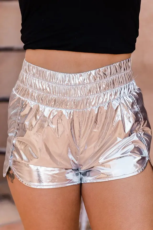 Fashion Trendy Elastic Waist Bright Shorts Silver - Shop at LoveMi