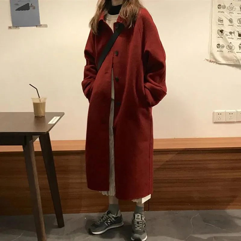 Hepburn Style Autumn And Winter Black Woolen Coat Women Wine Red - Shop at LoveMi