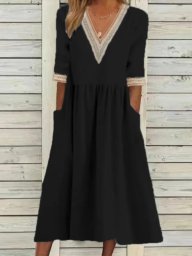 Cotton And Linen Lace Collar Half Sleeve Mid length Dress Black - Shop at LoveMi