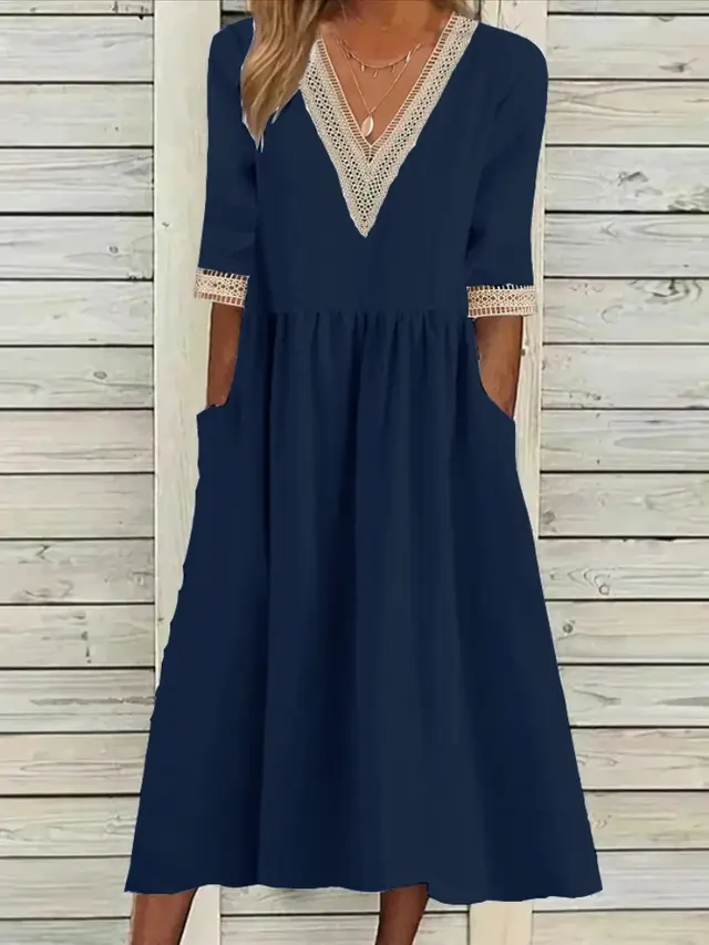 Cotton And Linen Lace Collar Half Sleeve Mid length Dress Navy Blue - Shop at LoveMi