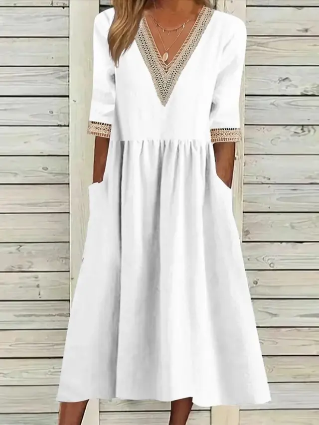 Cotton And Linen Lace Collar Half Sleeve Mid length Dress White - Shop at LoveMi