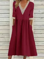 Cotton And Linen Lace Collar Half Sleeve Mid-length Dress - Wine