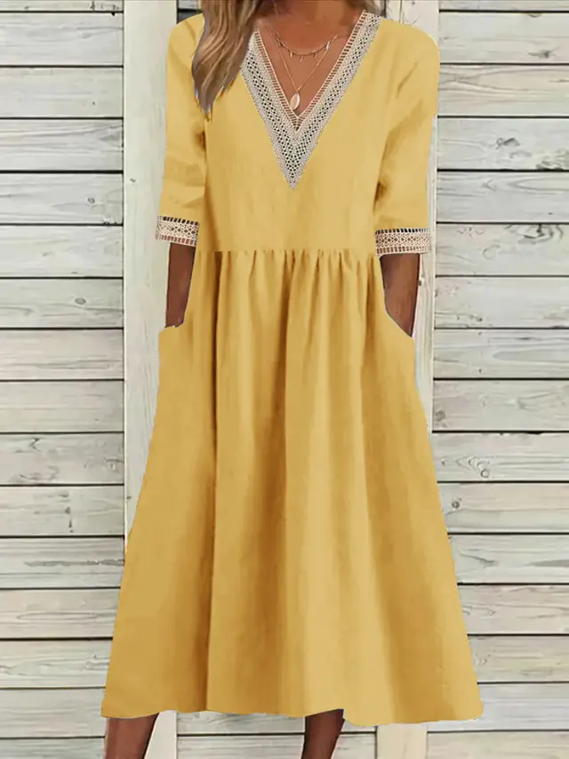 Cotton And Linen Lace Collar Half Sleeve Mid length Dress Yellow - Shop at LoveMi