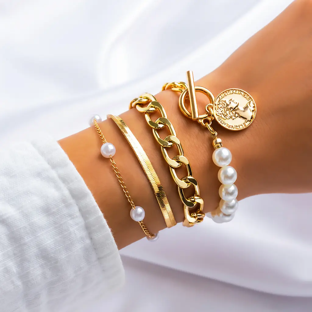 Sweet Cool Multi-portrait Pearl Bracelet Set - Style 4 Golden Suit 3894