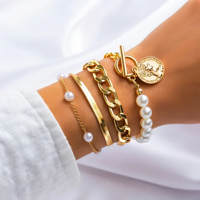 Sweet Cool Multi portrait Pearl Bracelet Set Style 4 Golden Suit 3894 - Shop at LoveMi