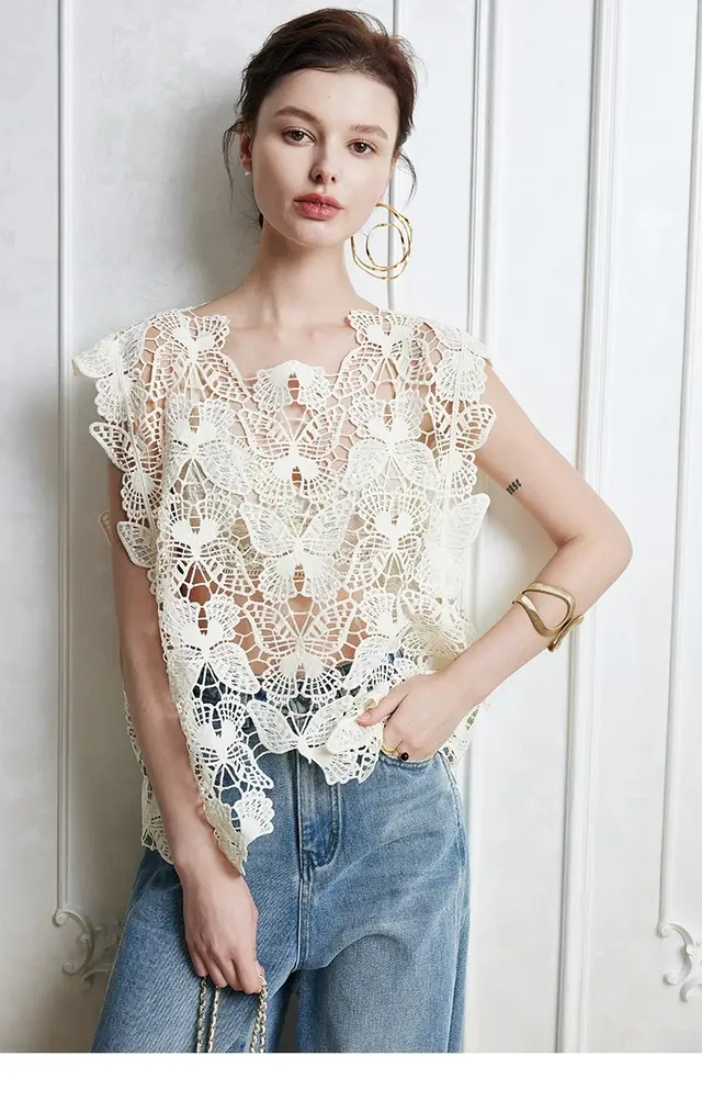 Irregular Butterfly Hollow Out Outer Match Sleeveless Blouse Beige - Shop at LoveMi