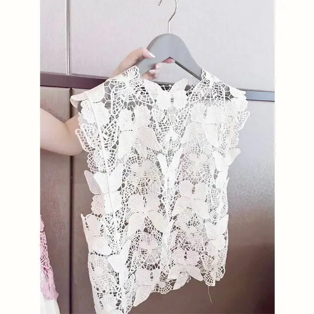 Irregular Butterfly Hollow Out Outer Match Sleeveless Blouse White - Shop at LoveMi