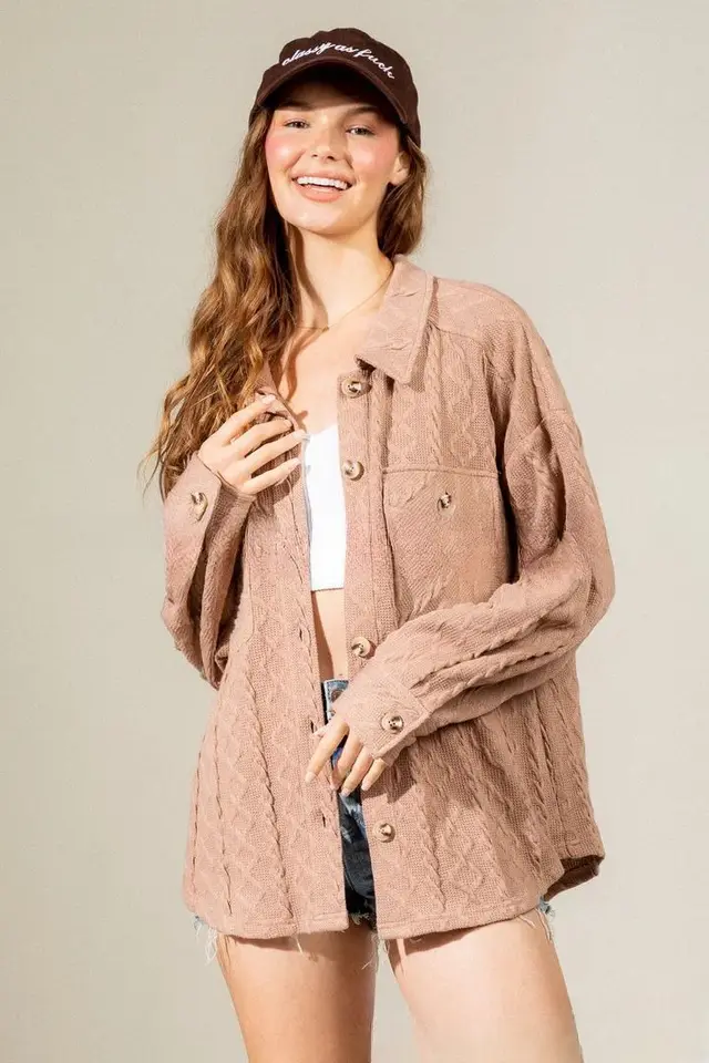 Fashion Large Pocket Twist Knitted Shirt Coat Khaki - Shop at LoveMi