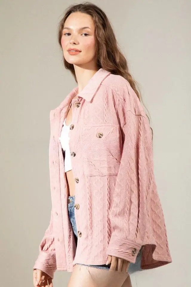 Fashion Large Pocket Twist Knitted Shirt Coat Pink - Shop at LoveMi