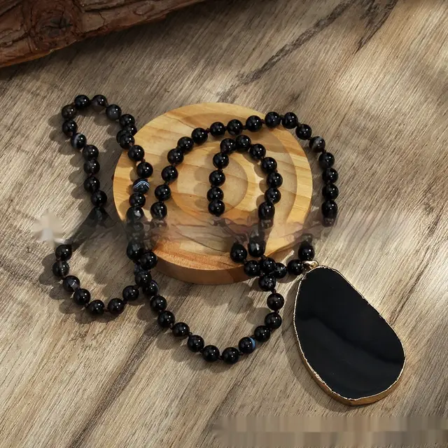 Bohemian Jewelry 8mm Natural Stone Glass Knotted Necklace Irregular Striped Agate Hanging Black - Shop at LoveMi