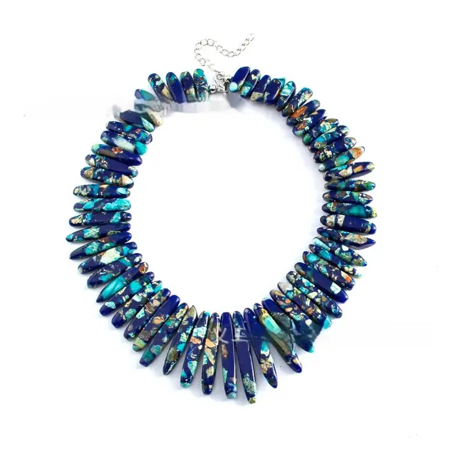 Long And Multi color Long tooth Emperor Stone Beaded Necklace Dark Blue - Shop at LoveMi