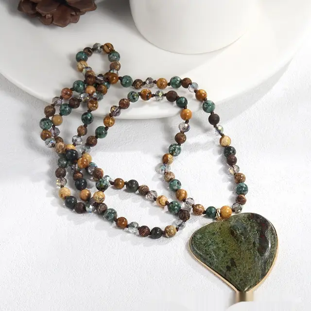 Natural Stone Glass Knotted Green Natural Stone Heart Pendant Necklace Sweater Chain Green Brown - Shop at LoveMi