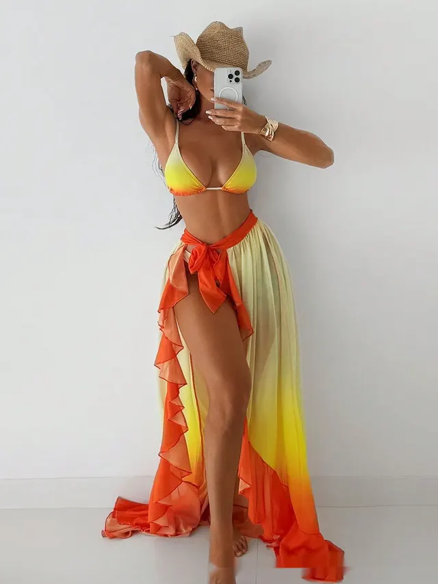 Three point Sexy Gradient Bikini Tied Lotus Leaf Gradient Color - Shop at LoveMi