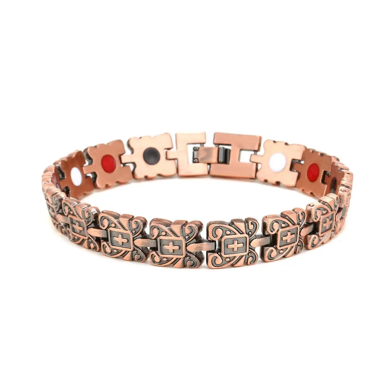 Carved Retro Three Rows Full Magnet Bracelet - Bronze Red White Black Oil
