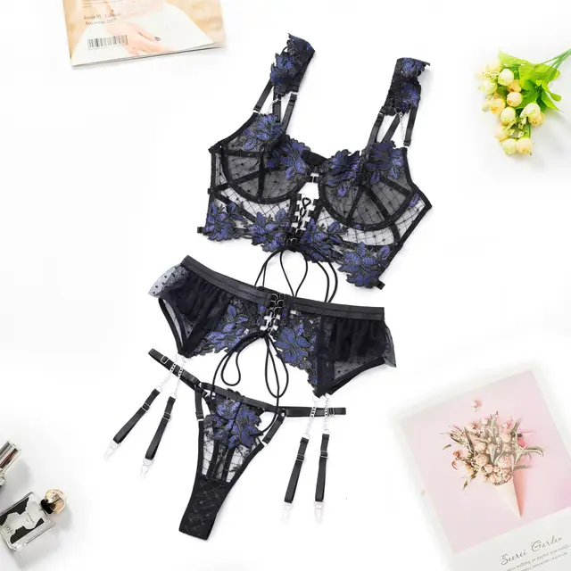 Mesh Flower Thin Embroidery Bra Set Sapphire Blue - Shop at LoveMi